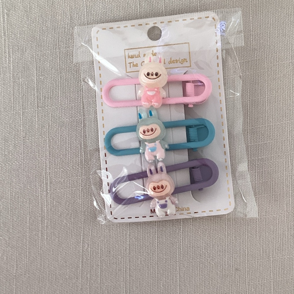 Cute Labubu Hair Clips Set - Pink, Blue, Purple